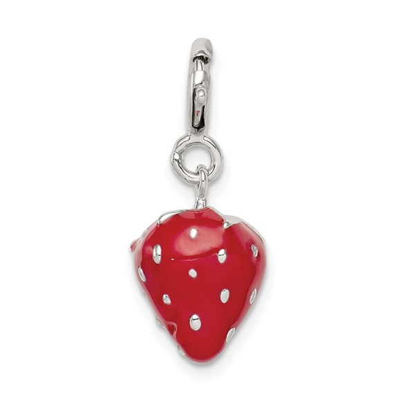 925 Sterling Silver Red Enameled Strawberry Necklace Charm Pendant - Picture 4 of 4